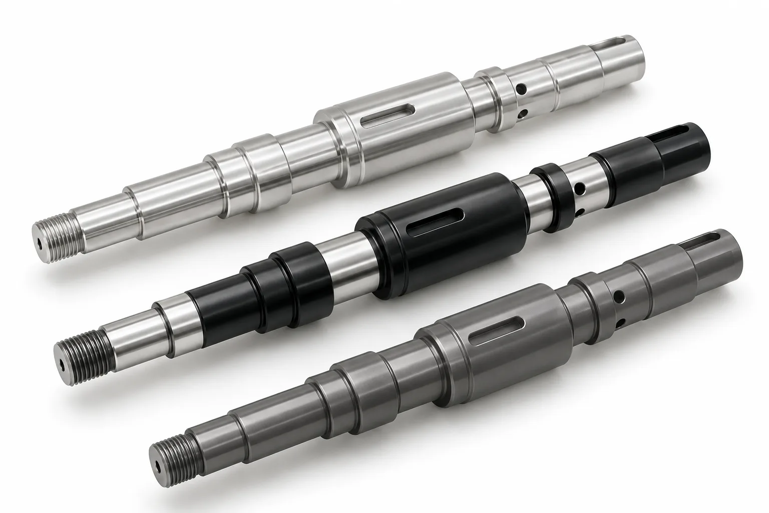 Silver as-machined, black anodized with bare journals, and dark gray aluminum shaft finish appearances