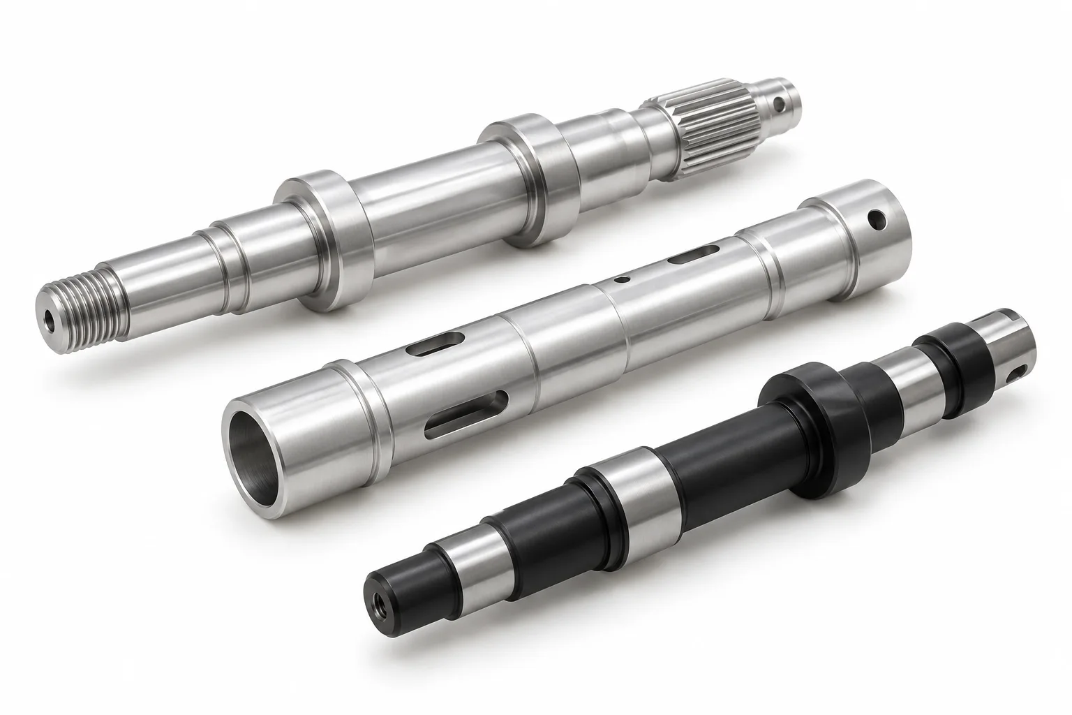 Finished silver aluminum shafts and a black anodized stepped shaft with selectively bare journals on white