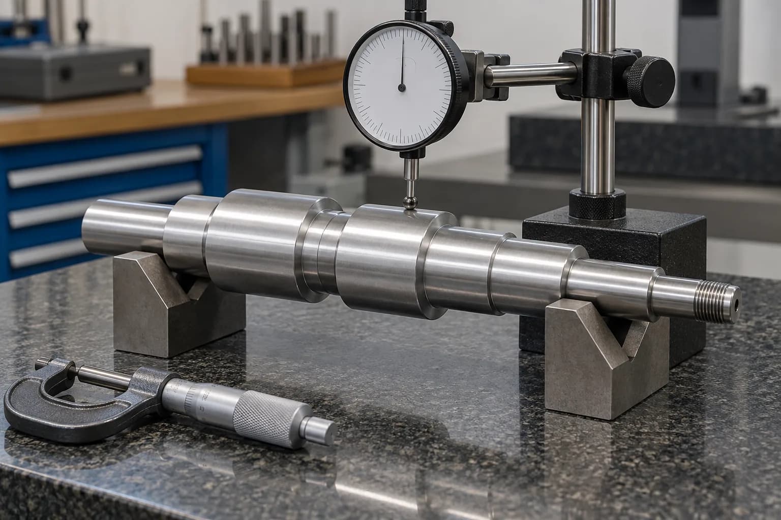Aluminum shaft supported on V-blocks with an indicator touching the journal