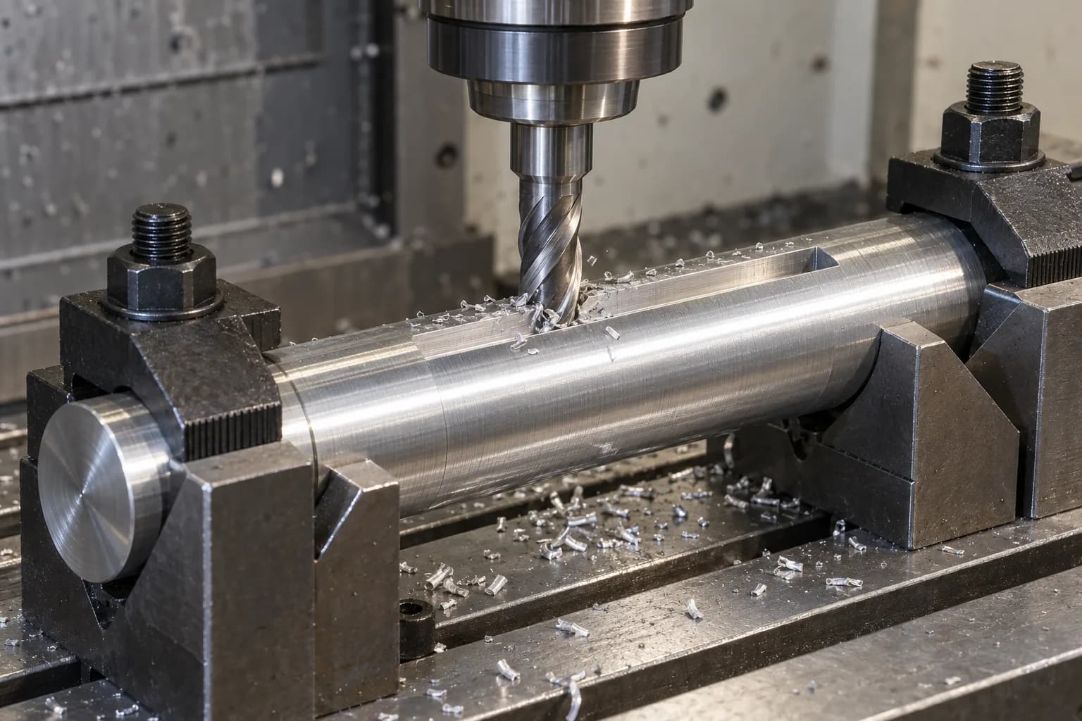 CNC Milling setup for an aluminum shaft