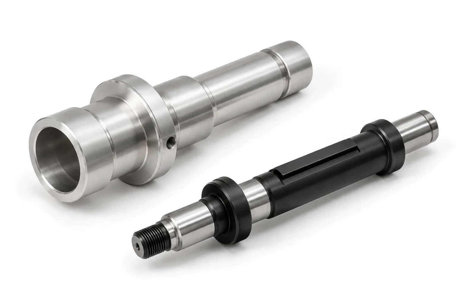 Finished hollow silver aluminum shaft and black anodized keyed shaft with bare journals on white