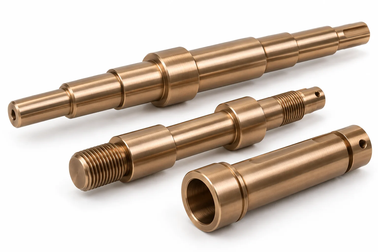 Custom CNC machined bronze stepped shafts with threaded and hollow geometries