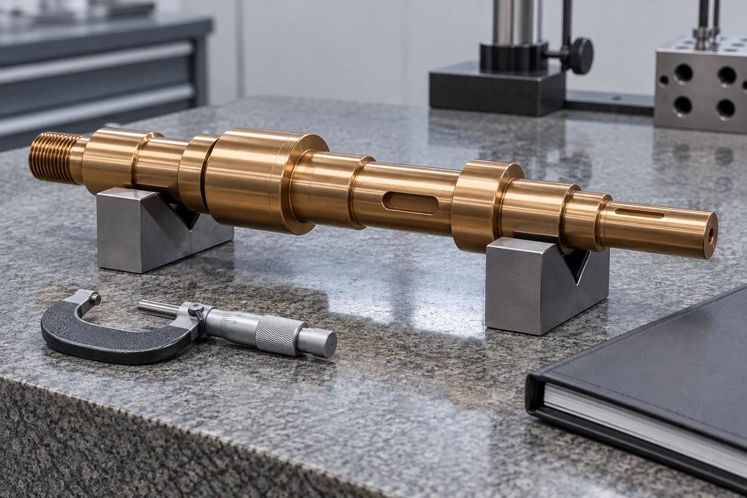 Bronze shaft supported on V blocks beside a micrometer and inspection documentation