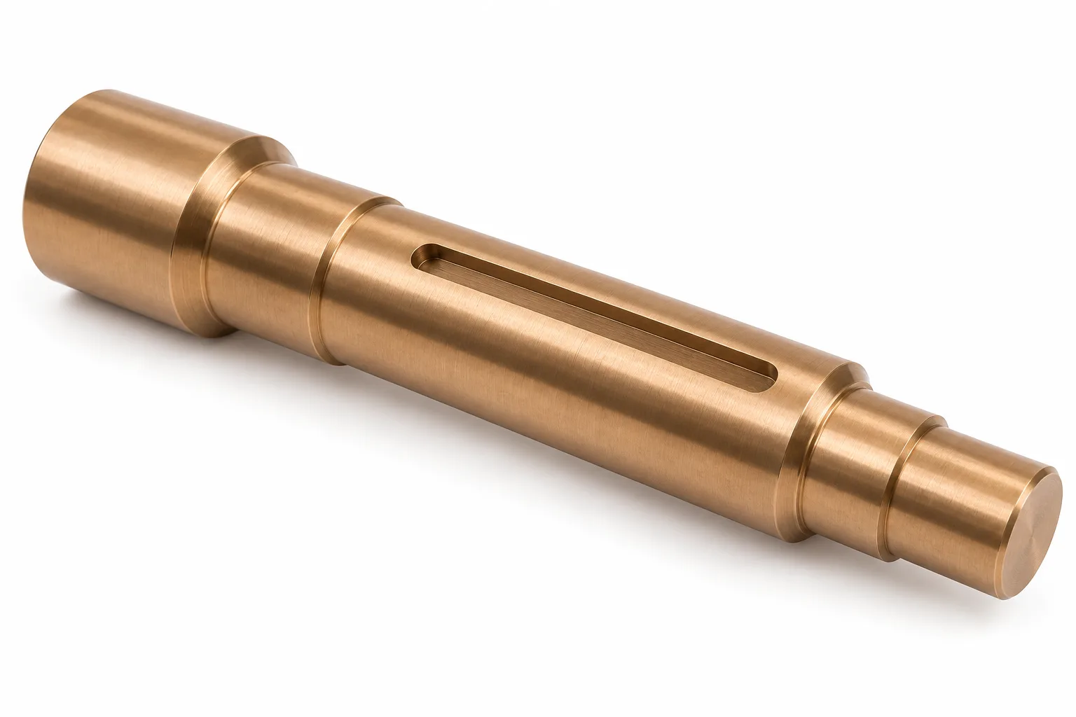 Keyway Bronze Shafts with drawing-specific machined features on a white background