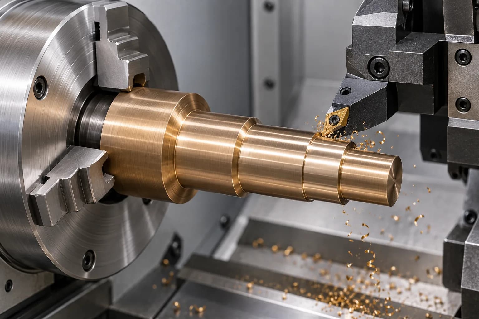 CNC turning geometry of a bronze shaft held in a lathe chuck
