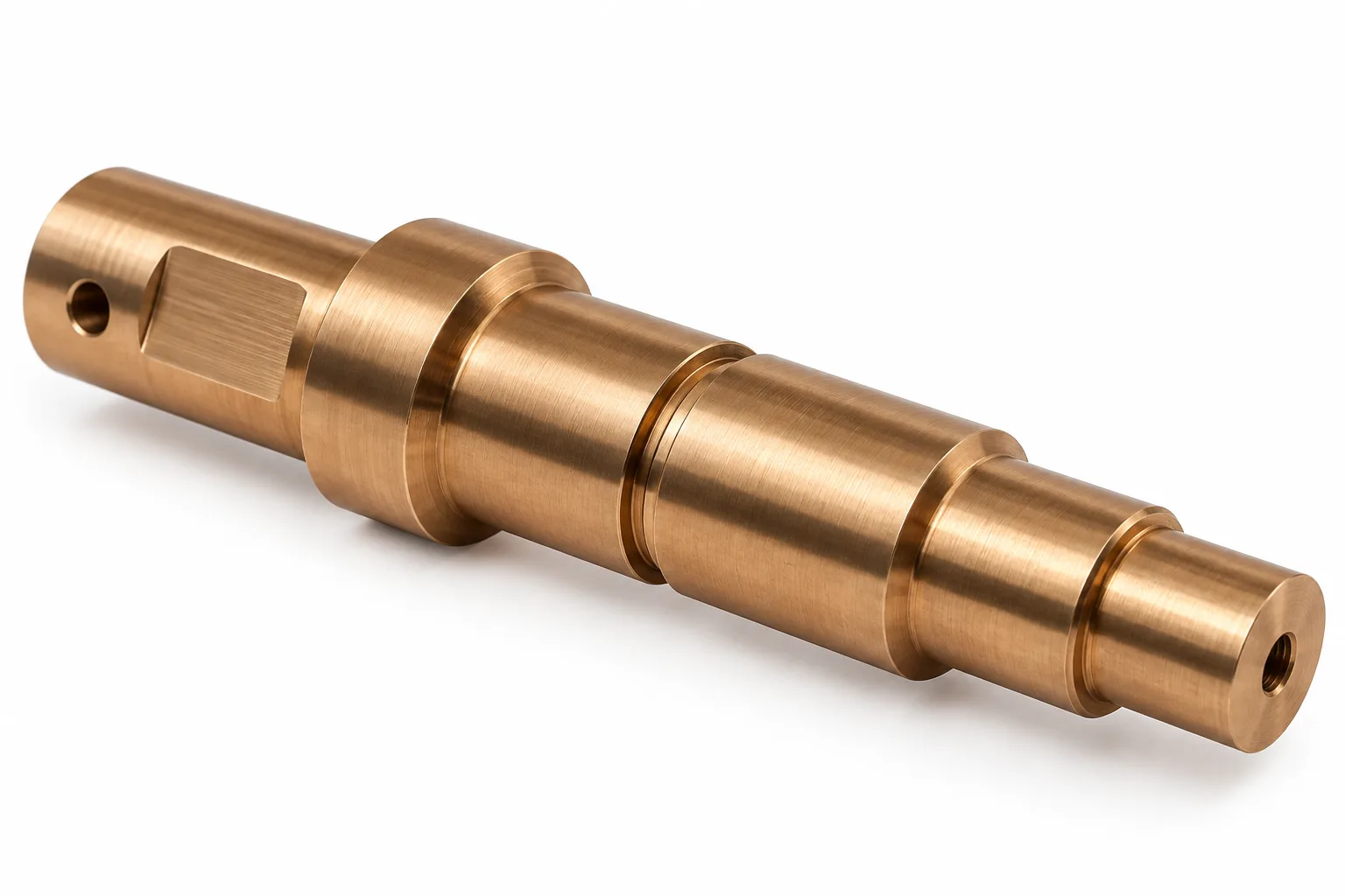 Custom OEM Bronze Shafts with drawing-specific machined features on a white background