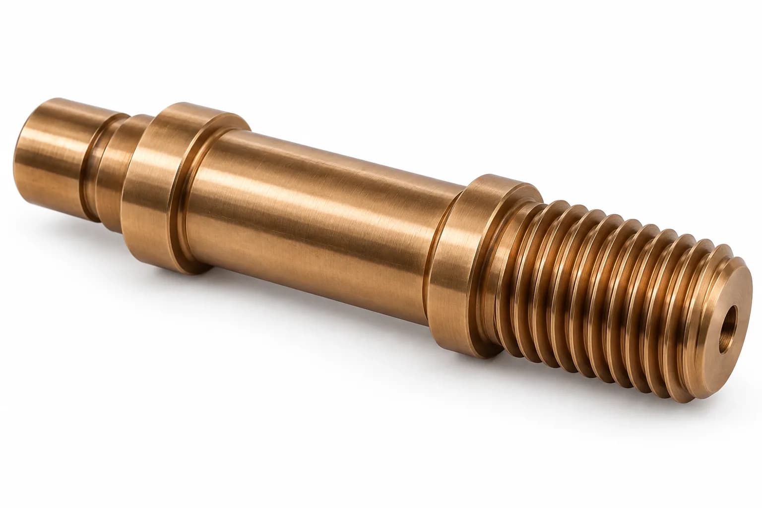 Threaded Bronze Shafts with drawing-specific machined features on a white background