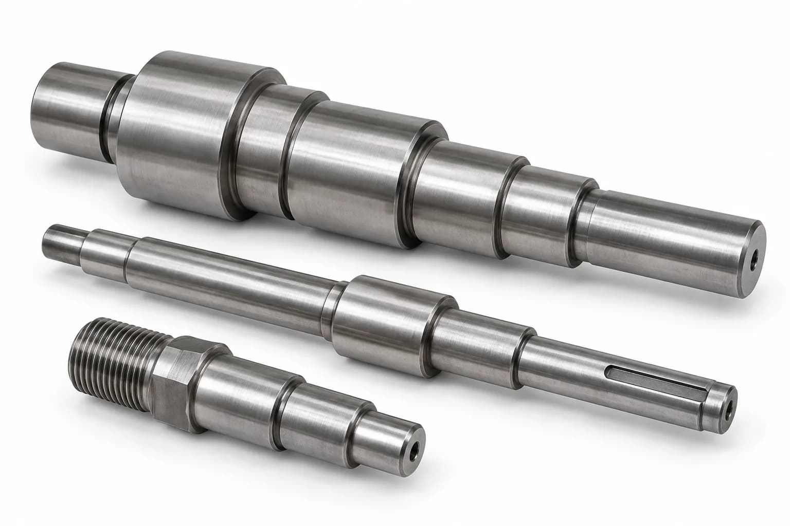 Finished steel shaft geometries with bearing journals, shoulders, a keyway and threaded end on white