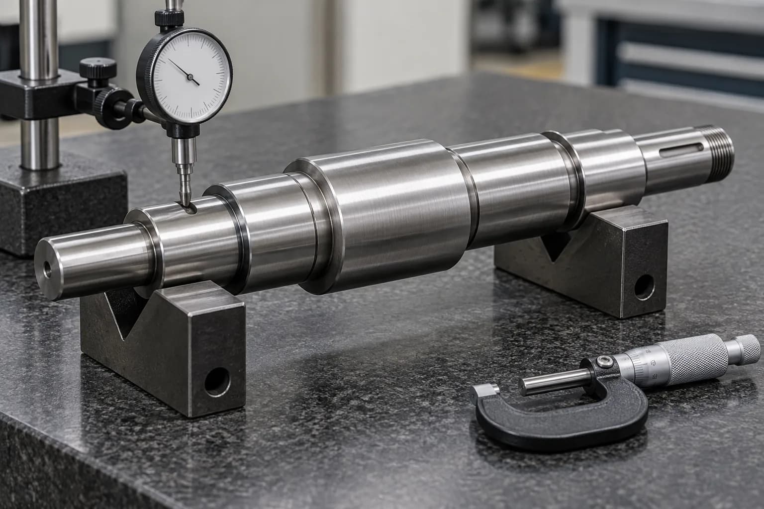 Steel shaft on V-blocks with a journal indicator and inspection tool