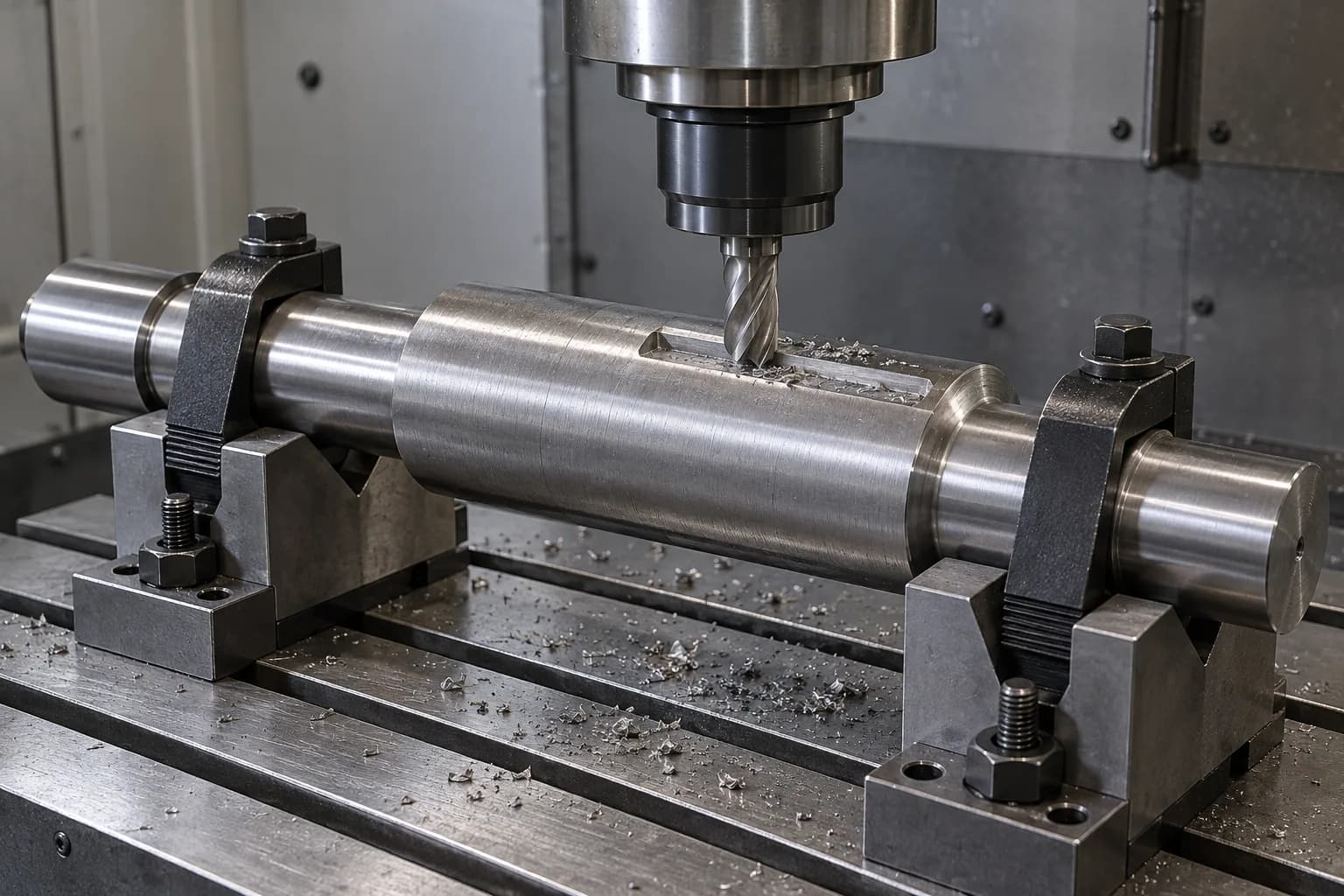 CNC Milling setup for a finished steel shaft