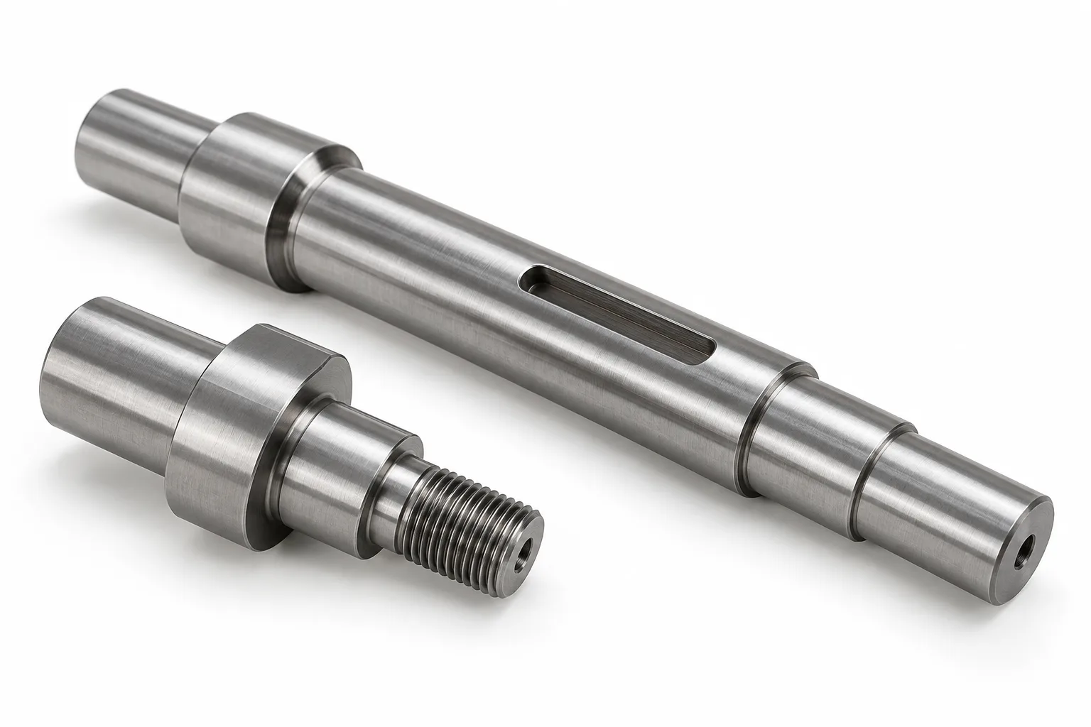 Finished steel journal shafts with a keyed end and external thread on white