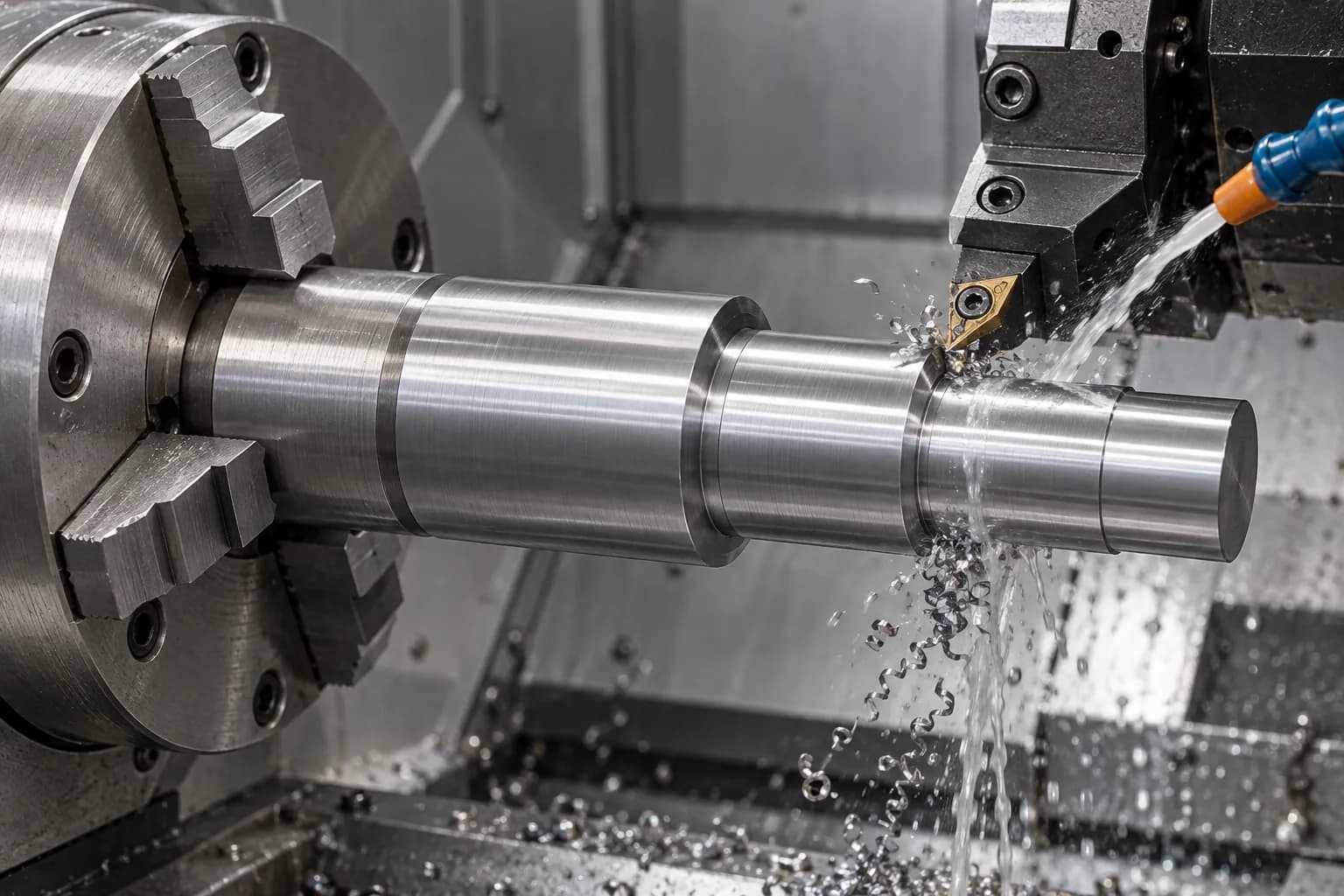 CNC Turning setup for a finished steel shaft