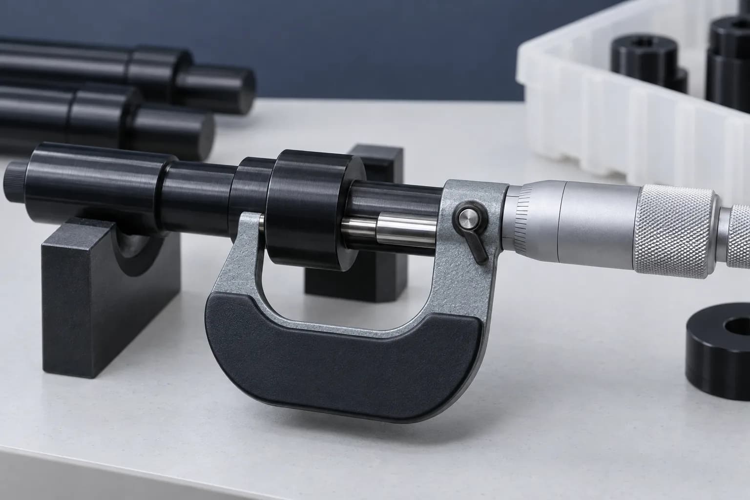 Low-force micrometer checking a black acetal shaft journal on a laboratory table