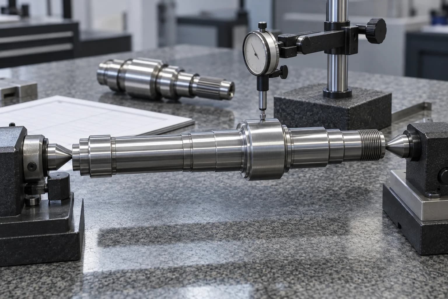 Silver shaft supported between precision centers with an indicator contacting a journal