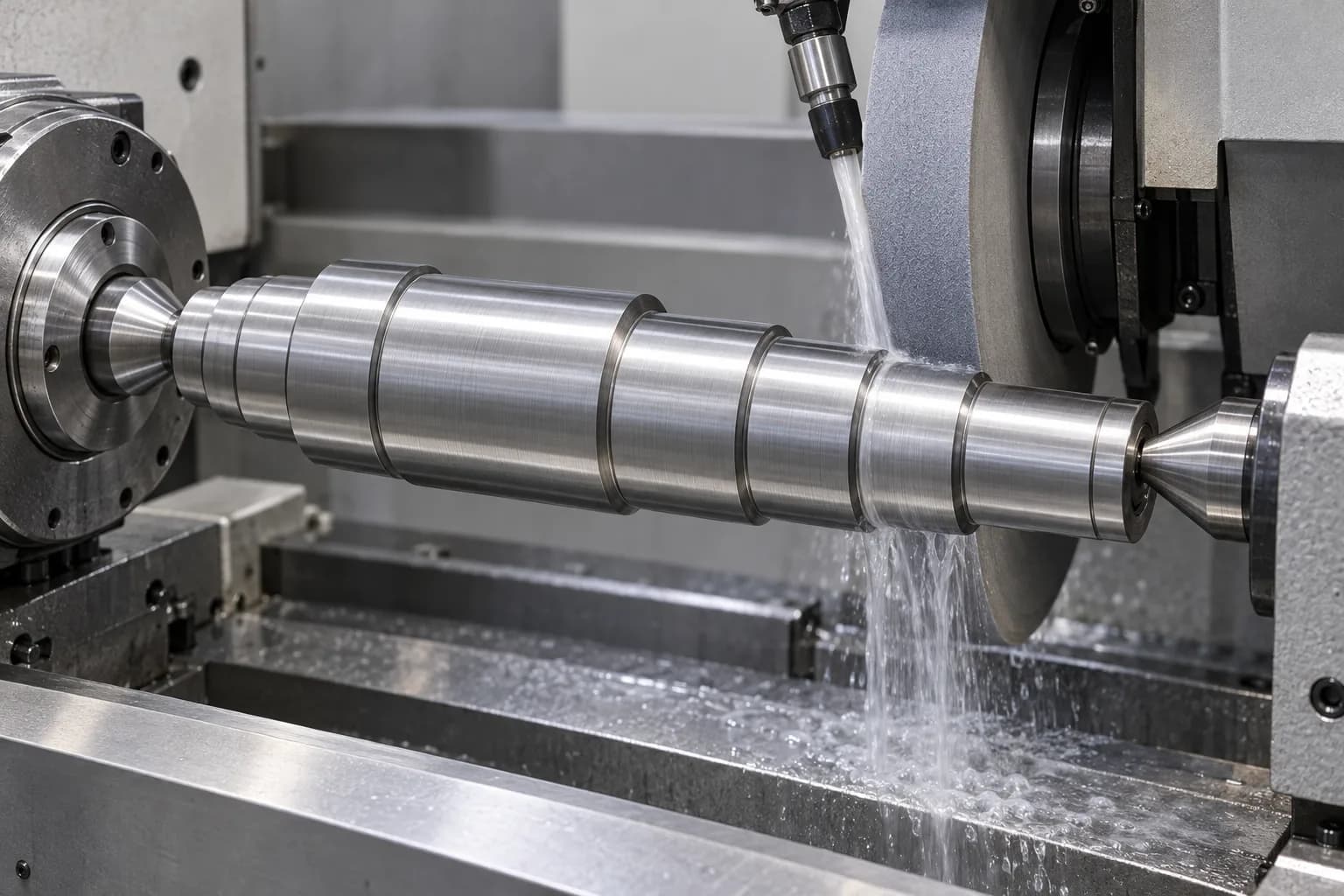 Precision Grinding setup for a silver-gray shaft