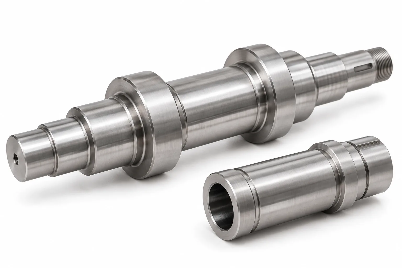 Silver-gray custom shaft geometries with stepped bearing journals and a hollow bore