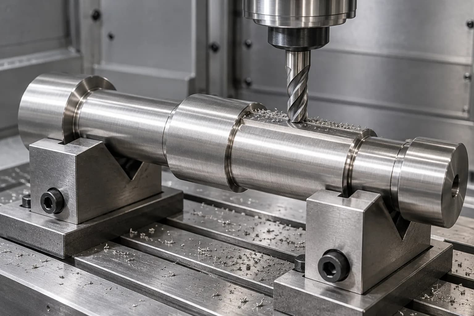 CNC Milling & Complex Features setup for a silver-gray shaft