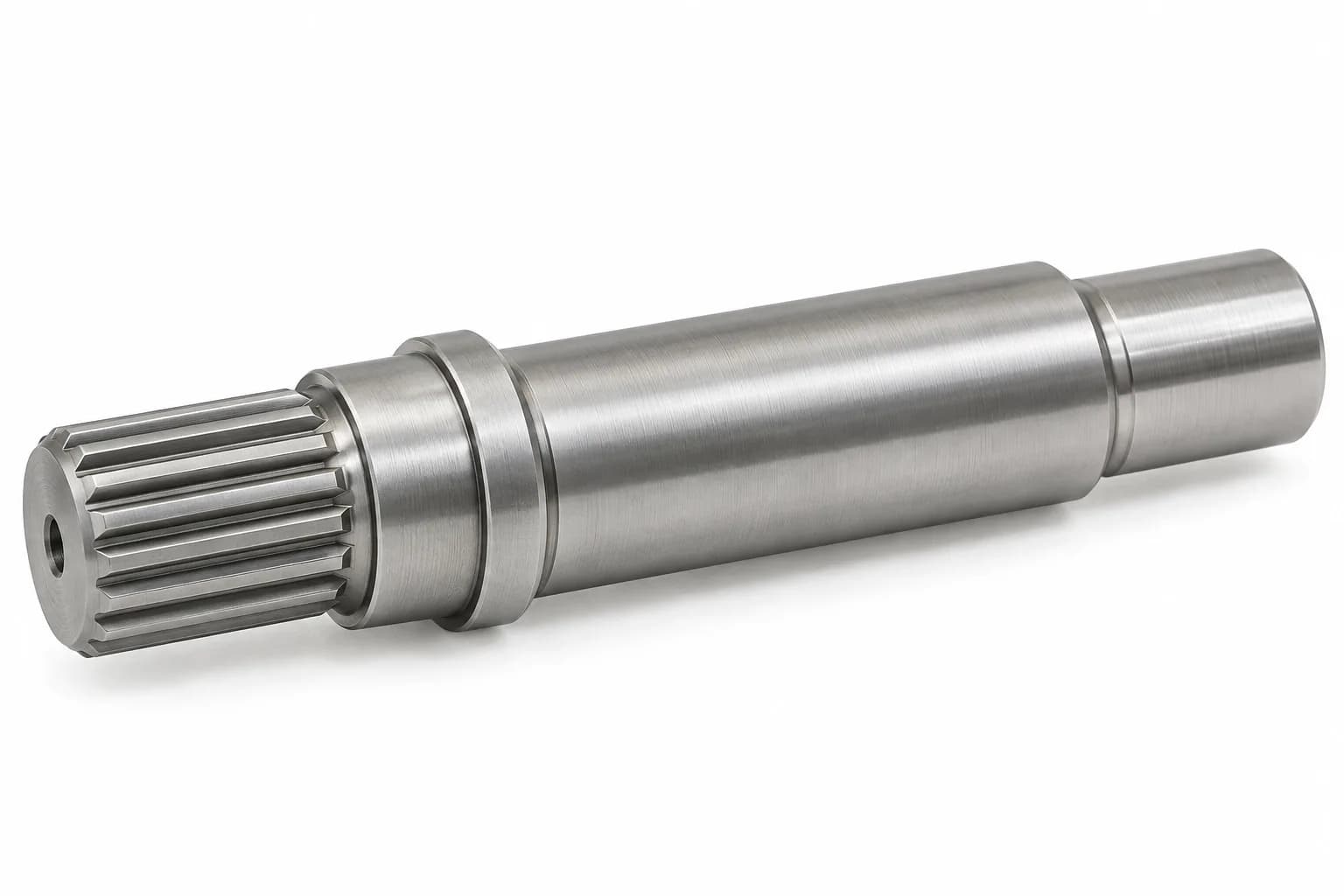 Splined Nickel Alloy Shafts geometry with silver-gray machined surfaces on white