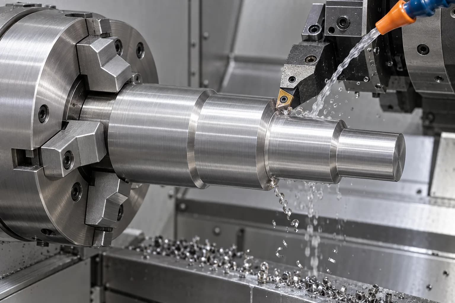 Precision CNC Turning setup for a silver-gray shaft