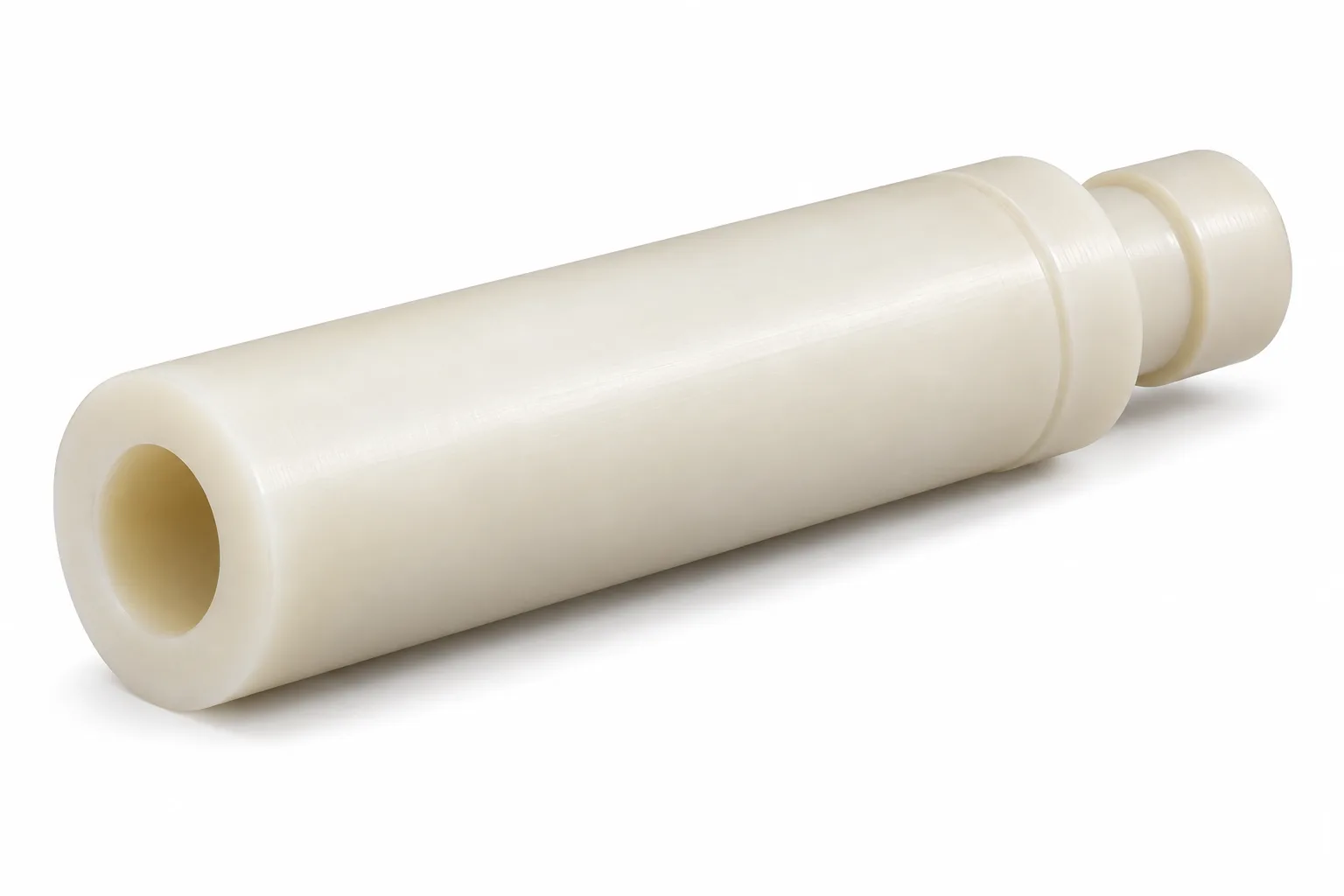 Hollow Nylon Shafts in natural ivory machined nylon on white
