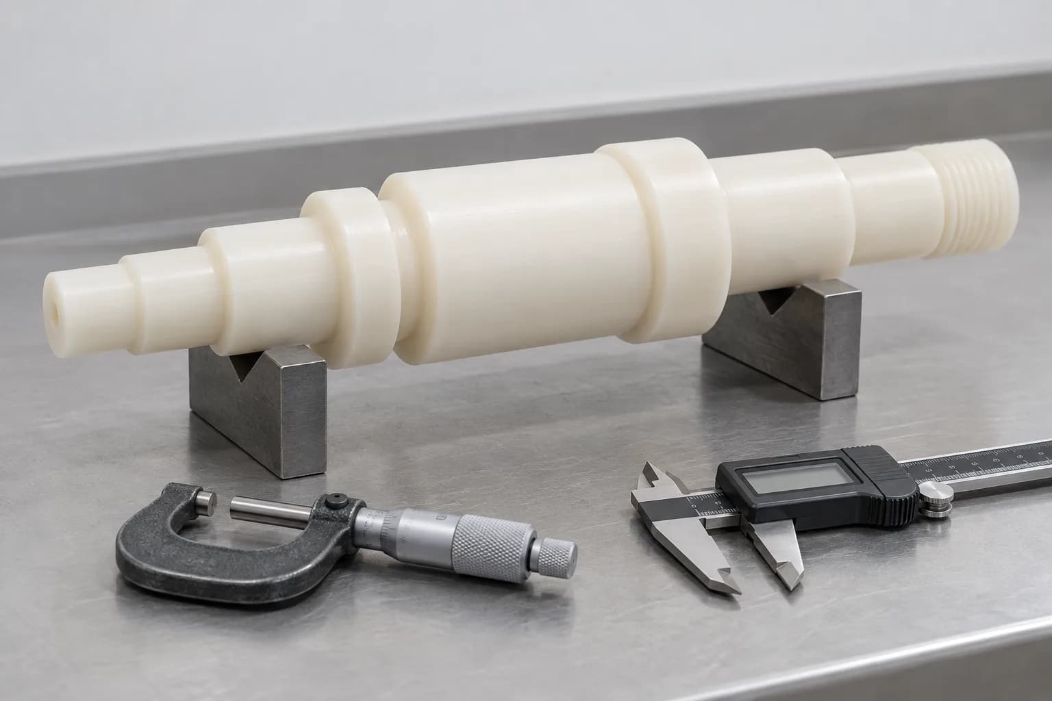 Natural nylon shaft resting on V-blocks beside inspection tools