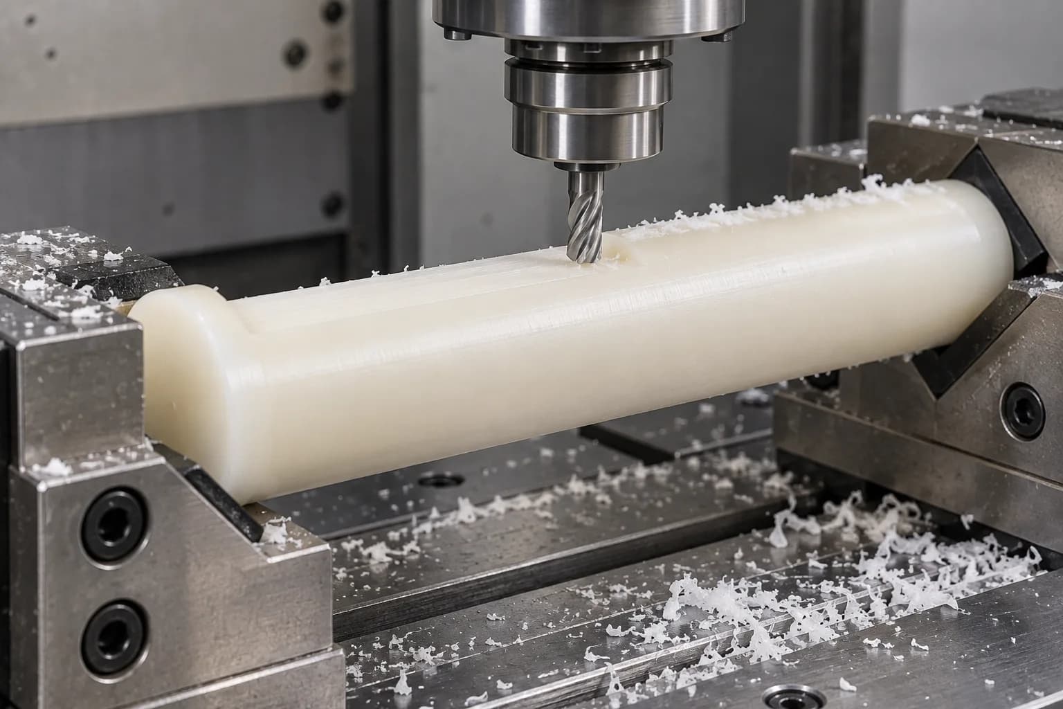 CNC Milling setup for a natural ivory nylon shaft