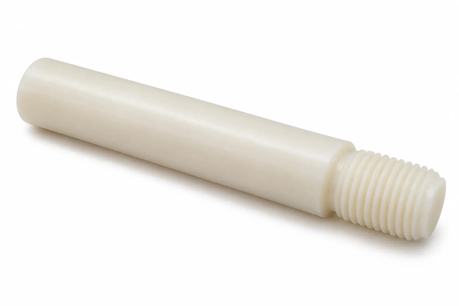 Threaded Nylon Shafts in natural ivory machined nylon on white