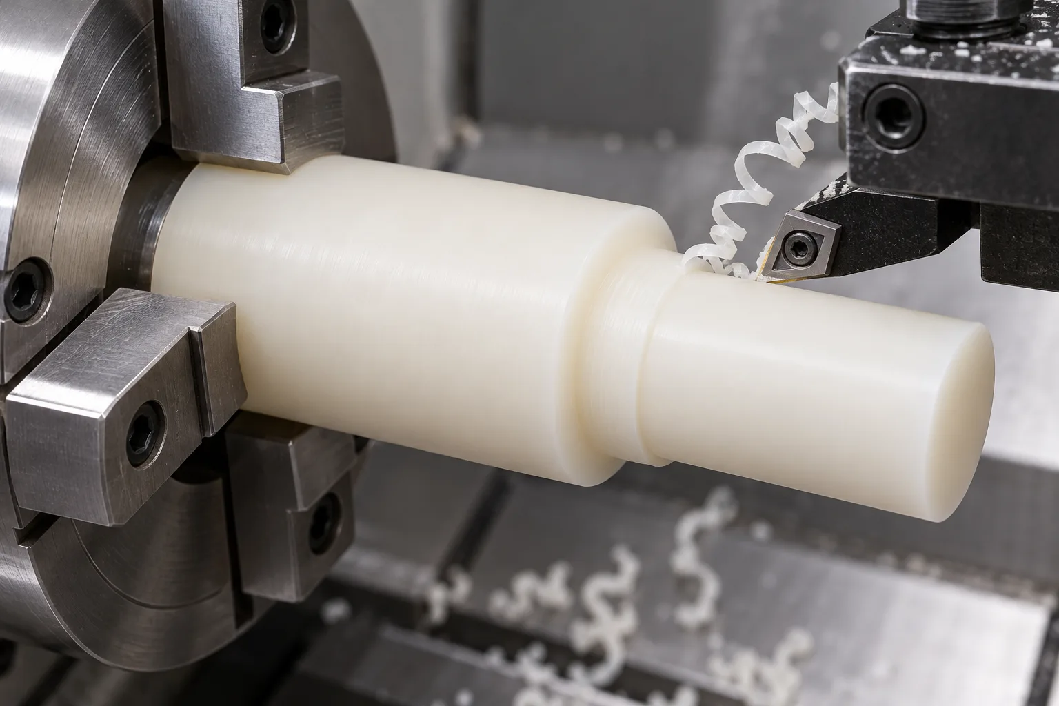 CNC Turning setup for a natural ivory nylon shaft