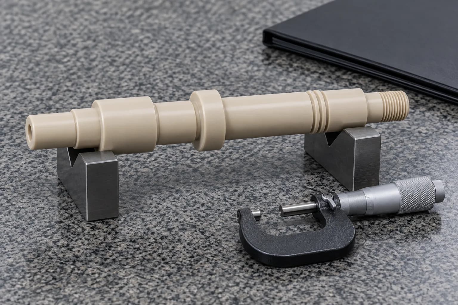 PEEK shaft on V blocks beside a micrometer and inspection folder