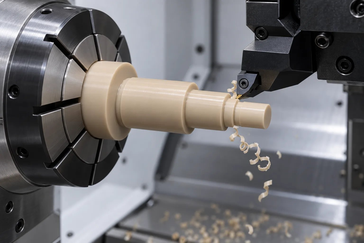 Natural beige PEEK shaft turning geometry with a cutting insert and polymer chips