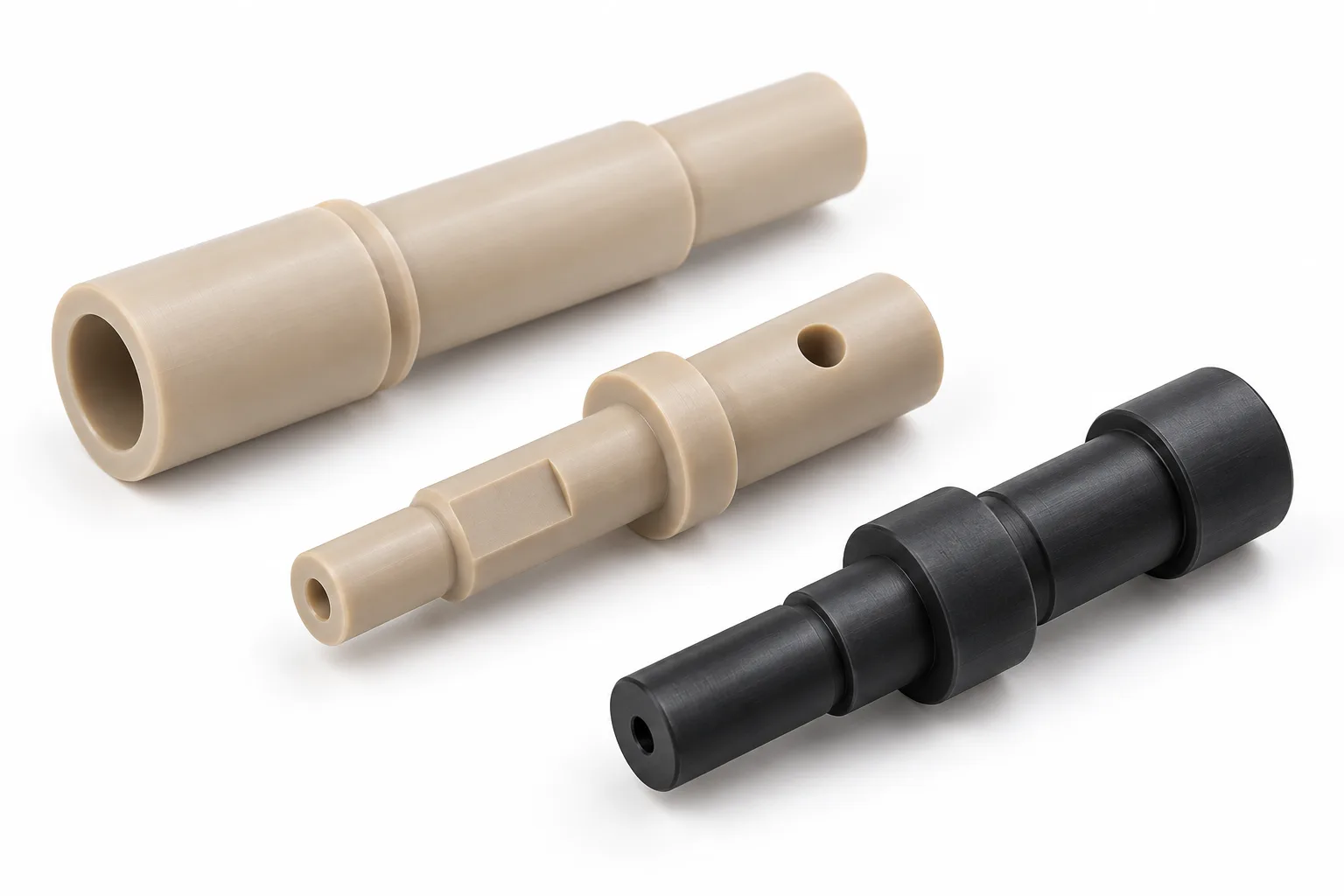 Custom beige and black PEEK shaft components with hollow and stepped features