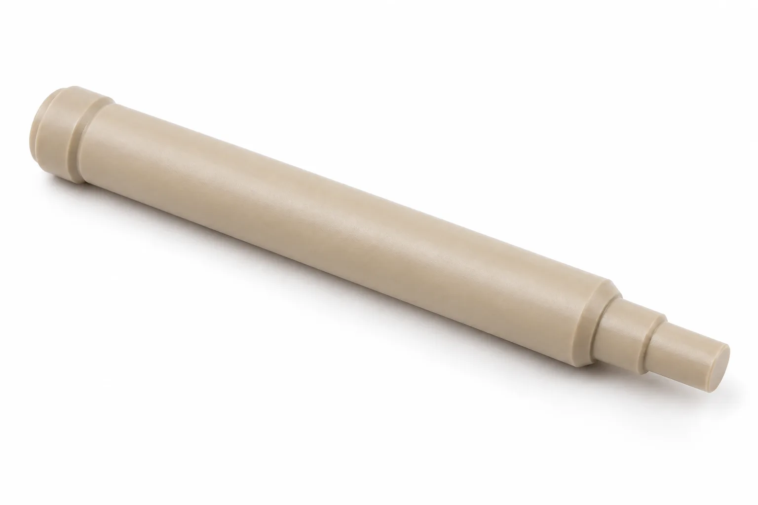 Straight PEEK Shafts with drawing-specific machined geometry on white