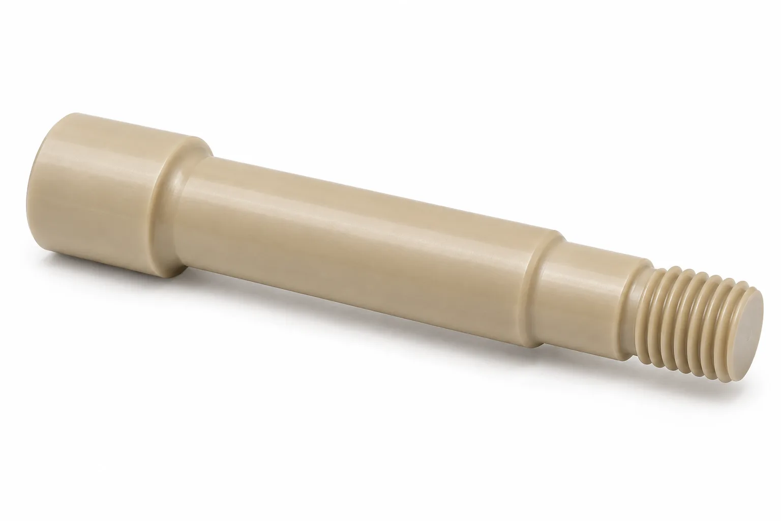 Threaded PEEK Shafts with drawing-specific machined geometry on white