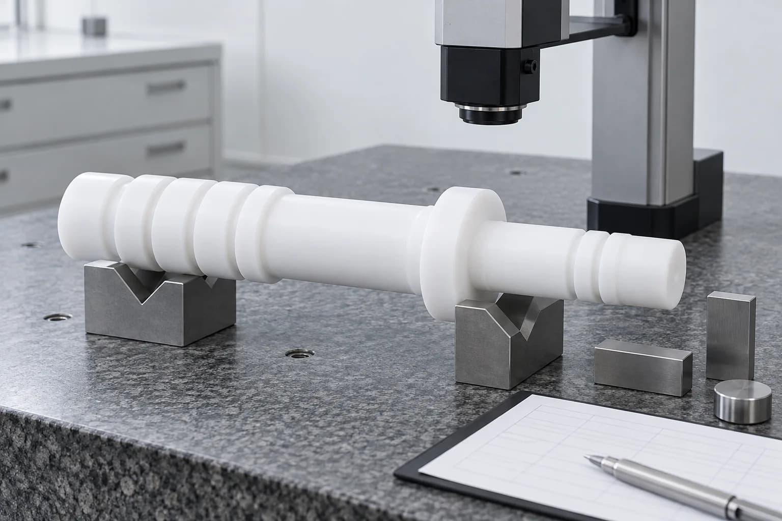 A finished white PTFE shaft supported beside optical inspection equipment and a blank review sheet
