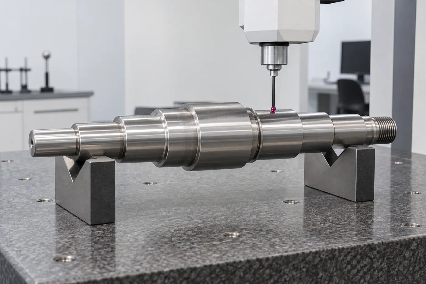Coordinate measurement probe checking a stainless steel shaft journal