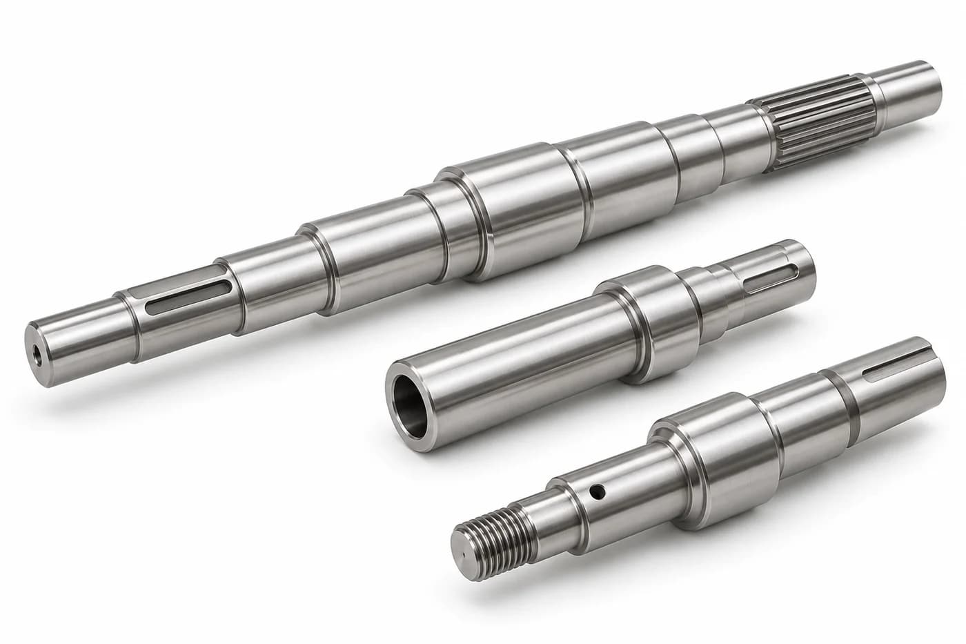 Custom stainless steel stepped, hollow and threaded shafts with precision machined journals
