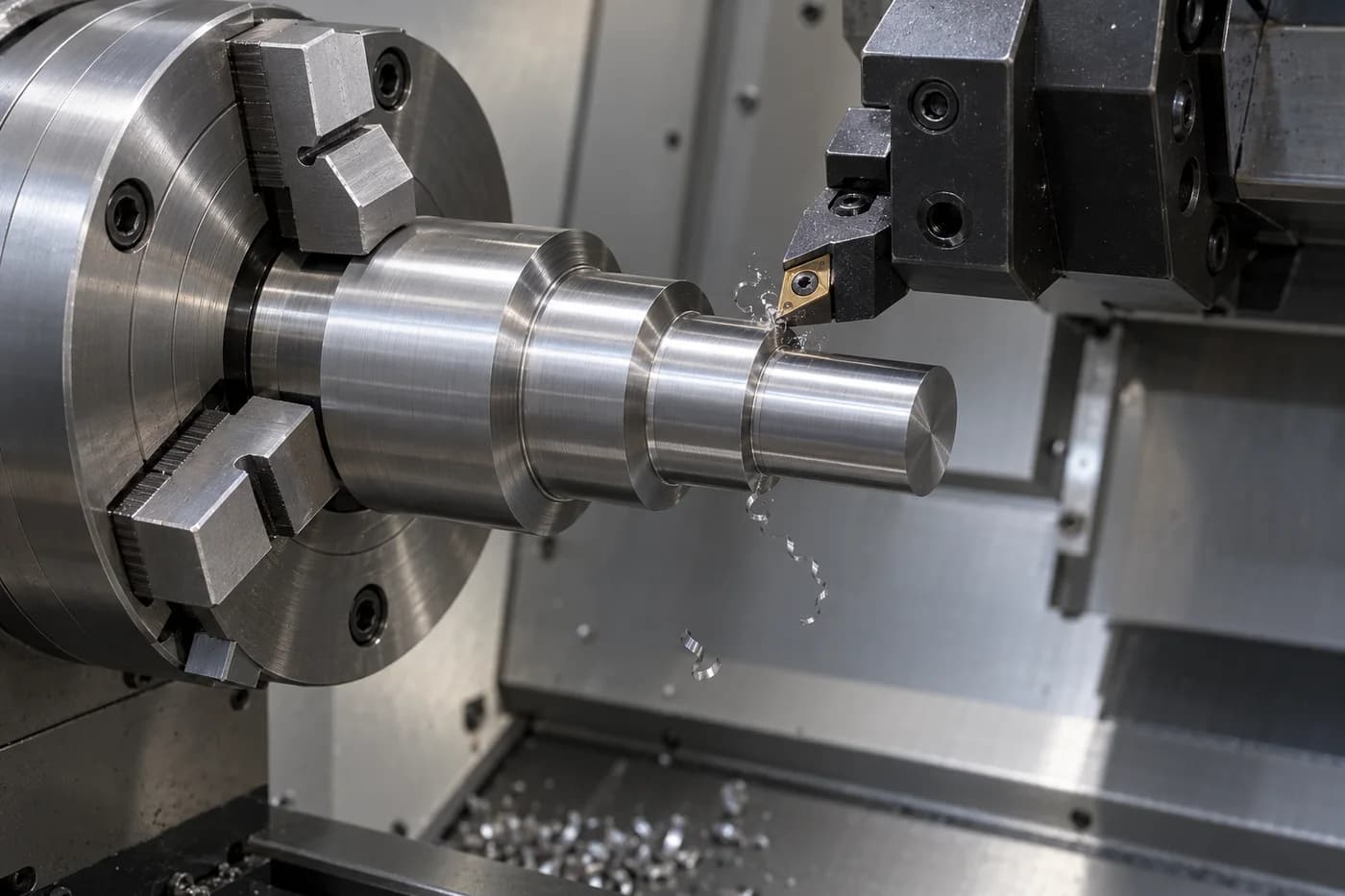 CNC cutting tool machining the outside diameter of a stainless steel stepped shaft