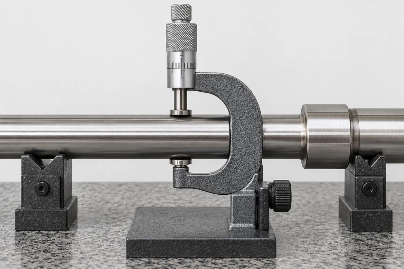 Outside micrometer checking the diameter of a stainless steel journal
