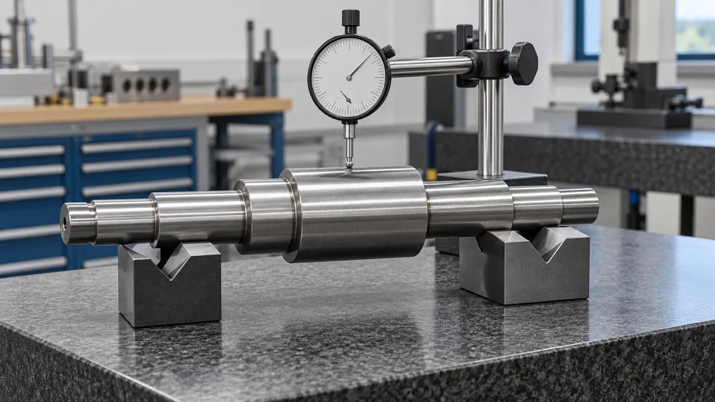 Dial indicator contacting a stainless steel shaft supported on V blocks