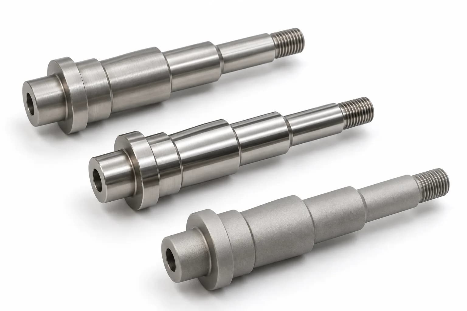 Natural gray as-machined, polished and matte titanium shaft finish appearances