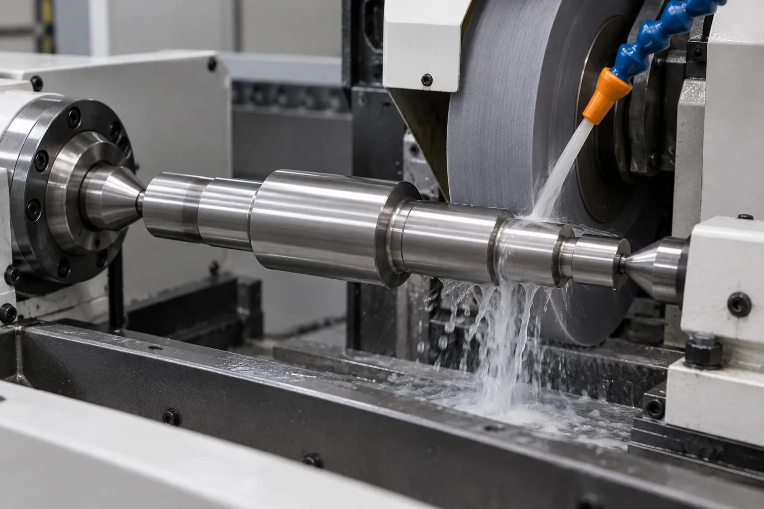 Precision Grinding setup for a metallic gray shaft