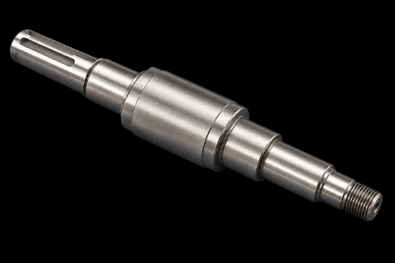 Metallic gray stepped titanium shaft with a keyway and threaded end on a navy surface