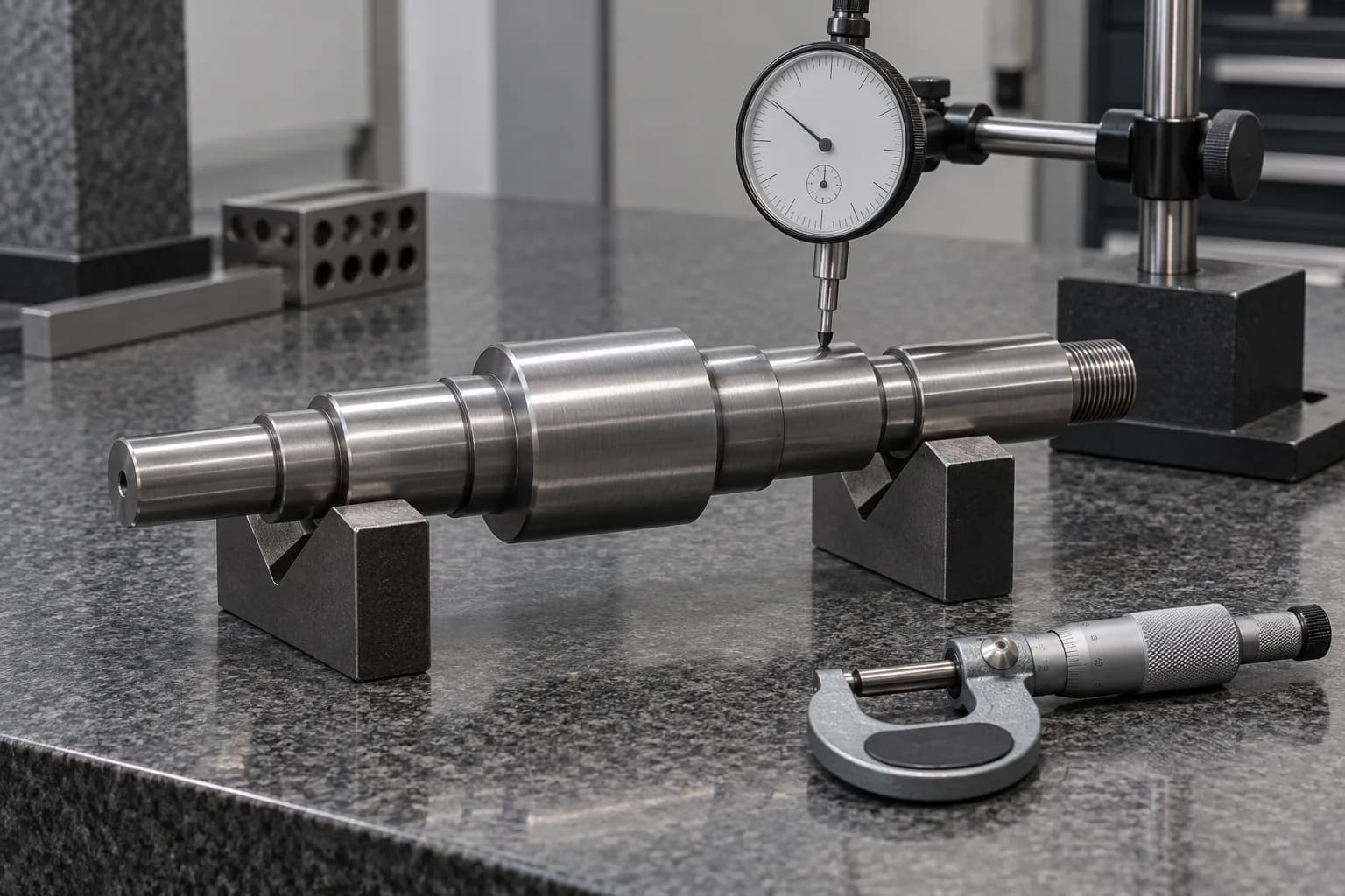Dimensional Inspection setup for a metallic gray shaft