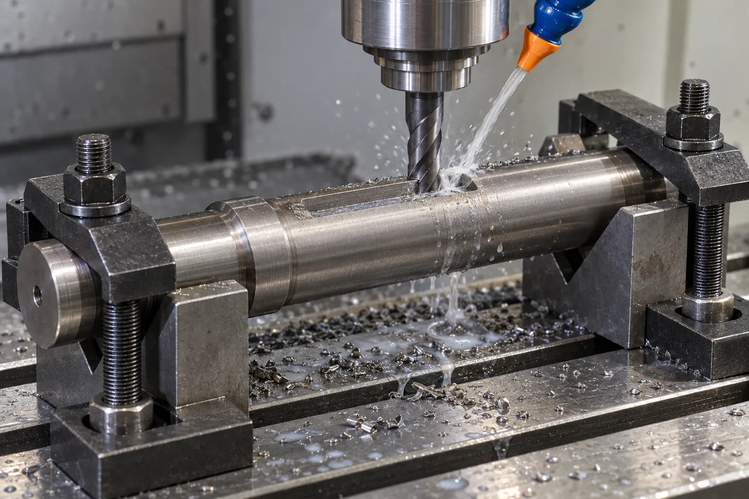 CNC Milling & Keyways setup for a metallic gray shaft