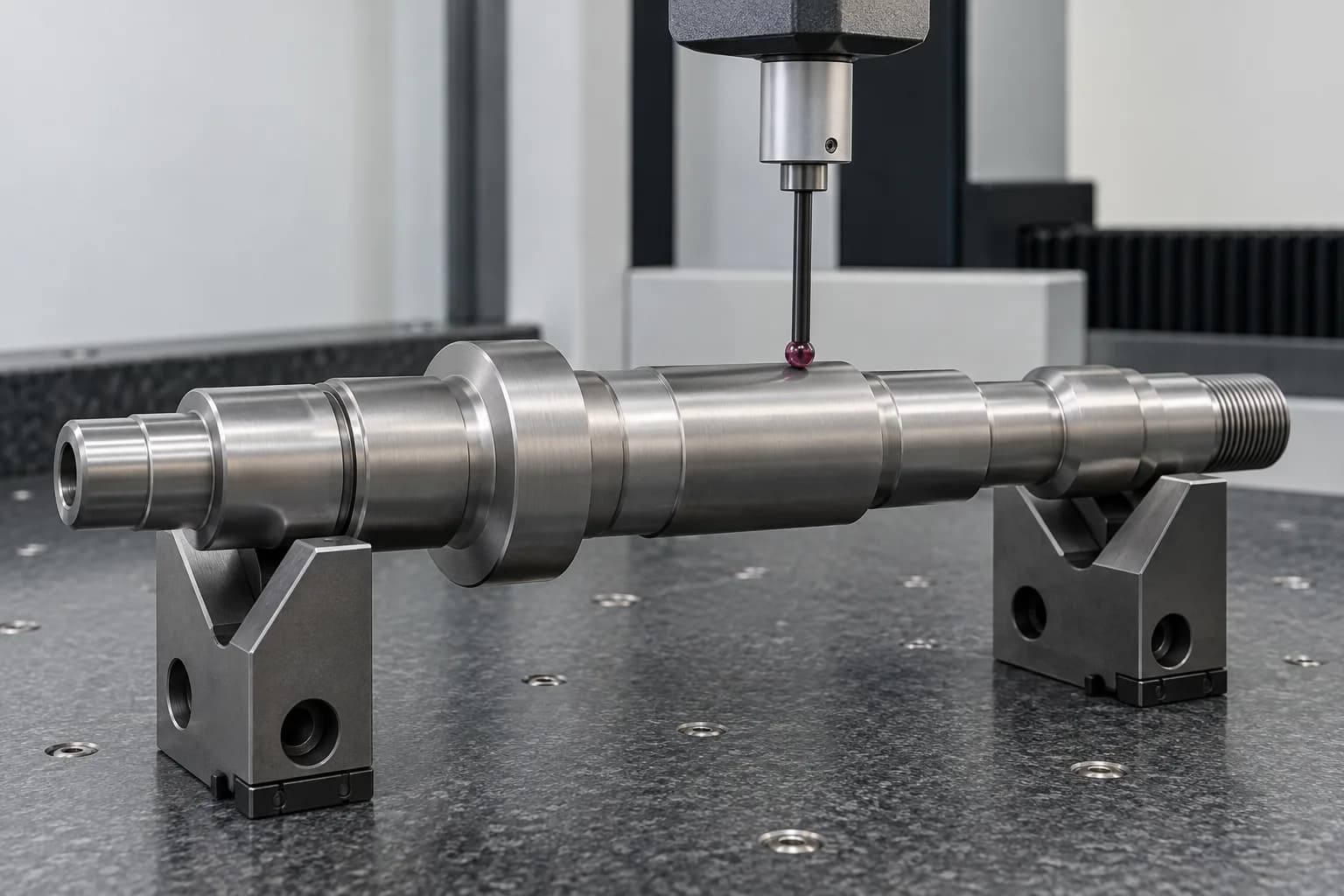 A CMM ruby stylus contacting a metallic gray shaft journal supported on V-blocks