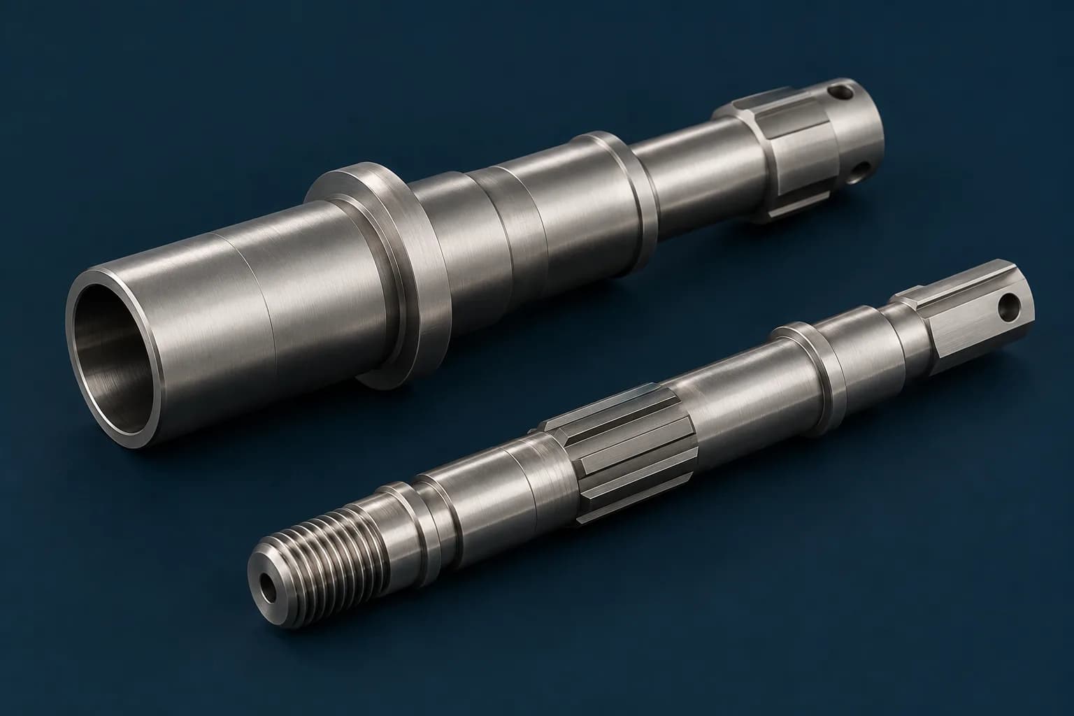 Finished hollow and threaded titanium shaft geometries on a navy surface
