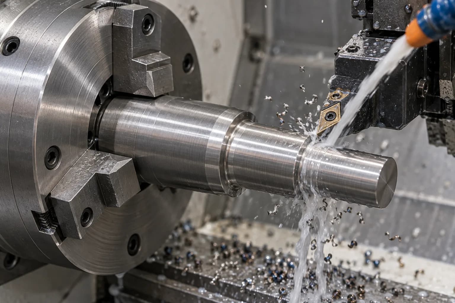 CNC Titanium Turning setup for a metallic gray shaft