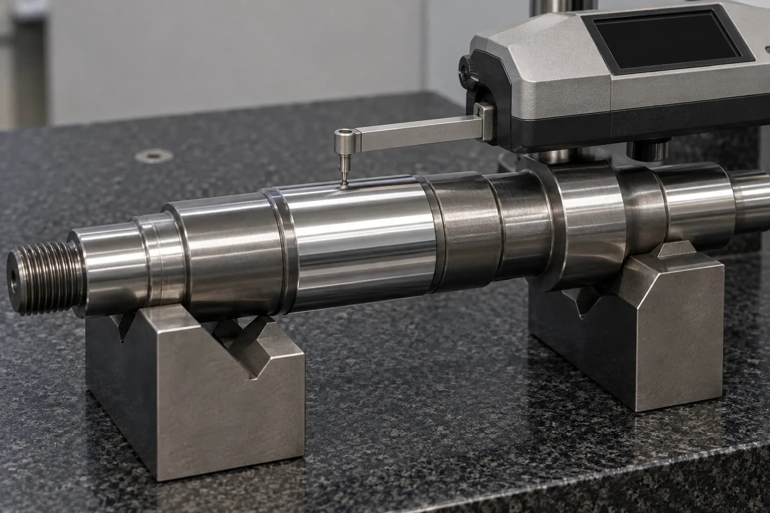 A roughness stylus contacting a ground steel shaft journal supported on V-blocks