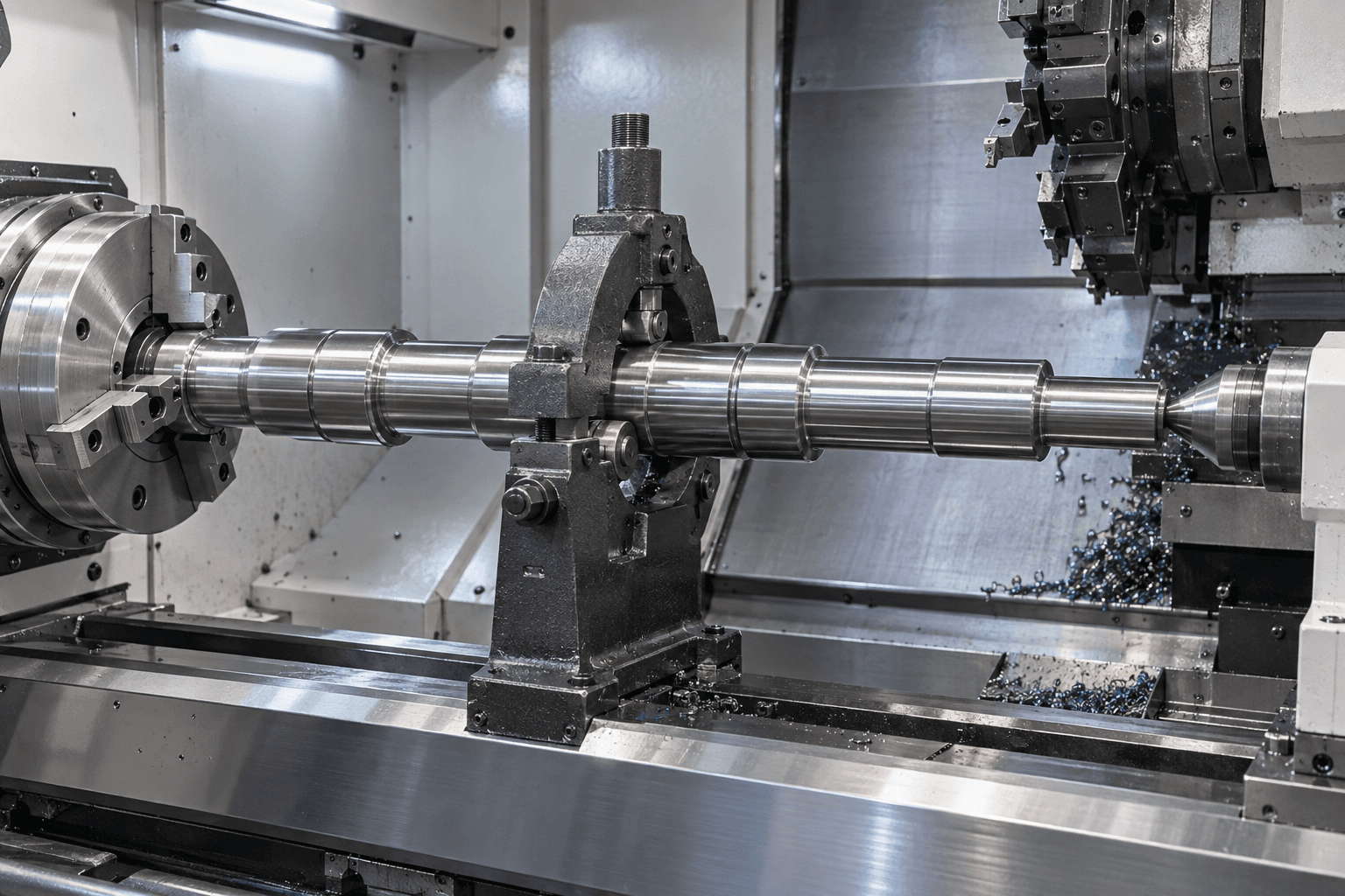 CNC turning long precision shaft with support