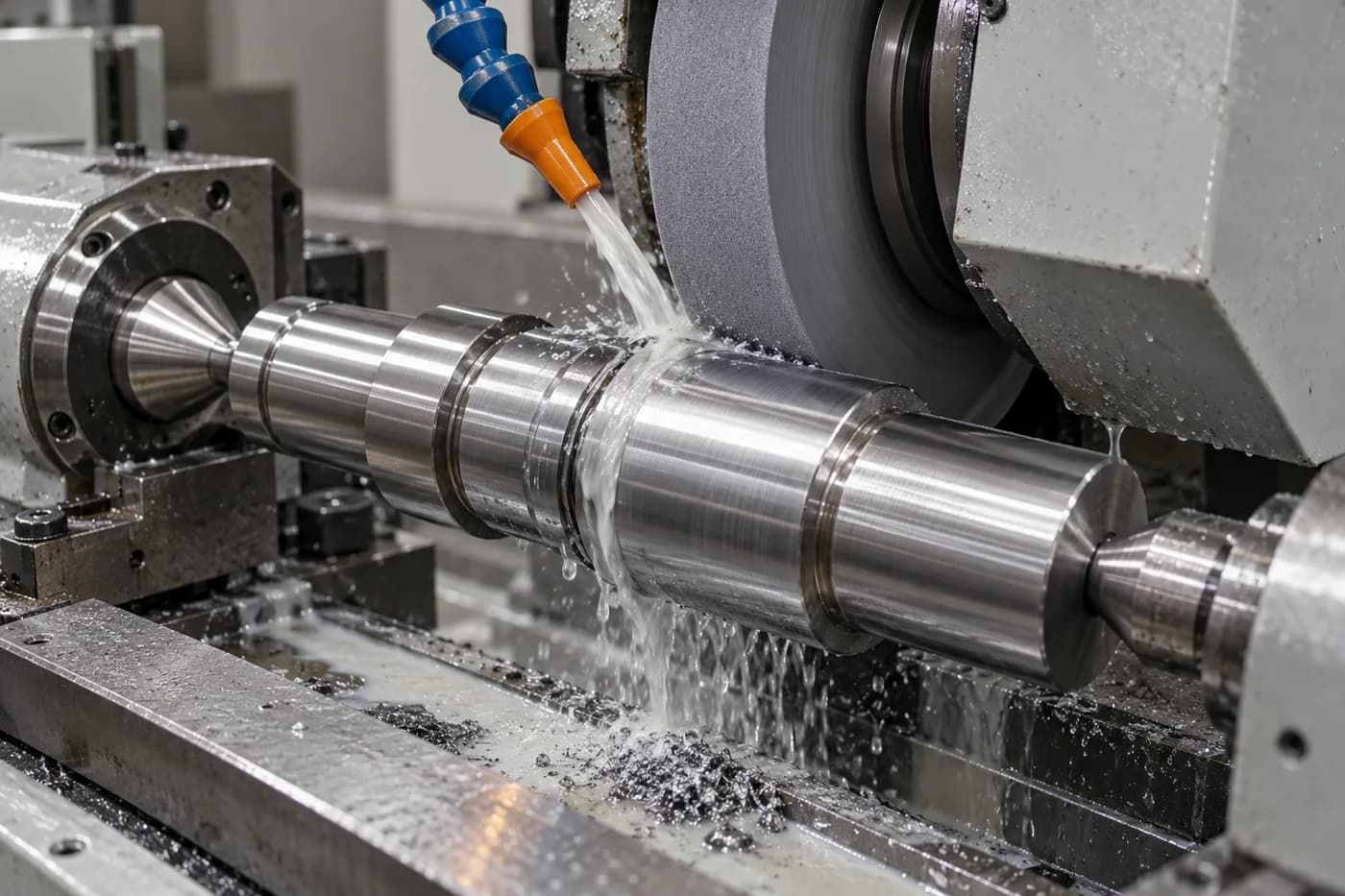 Cylindrical grinding wheel finishing a supported alloy steel shaft bearing journal